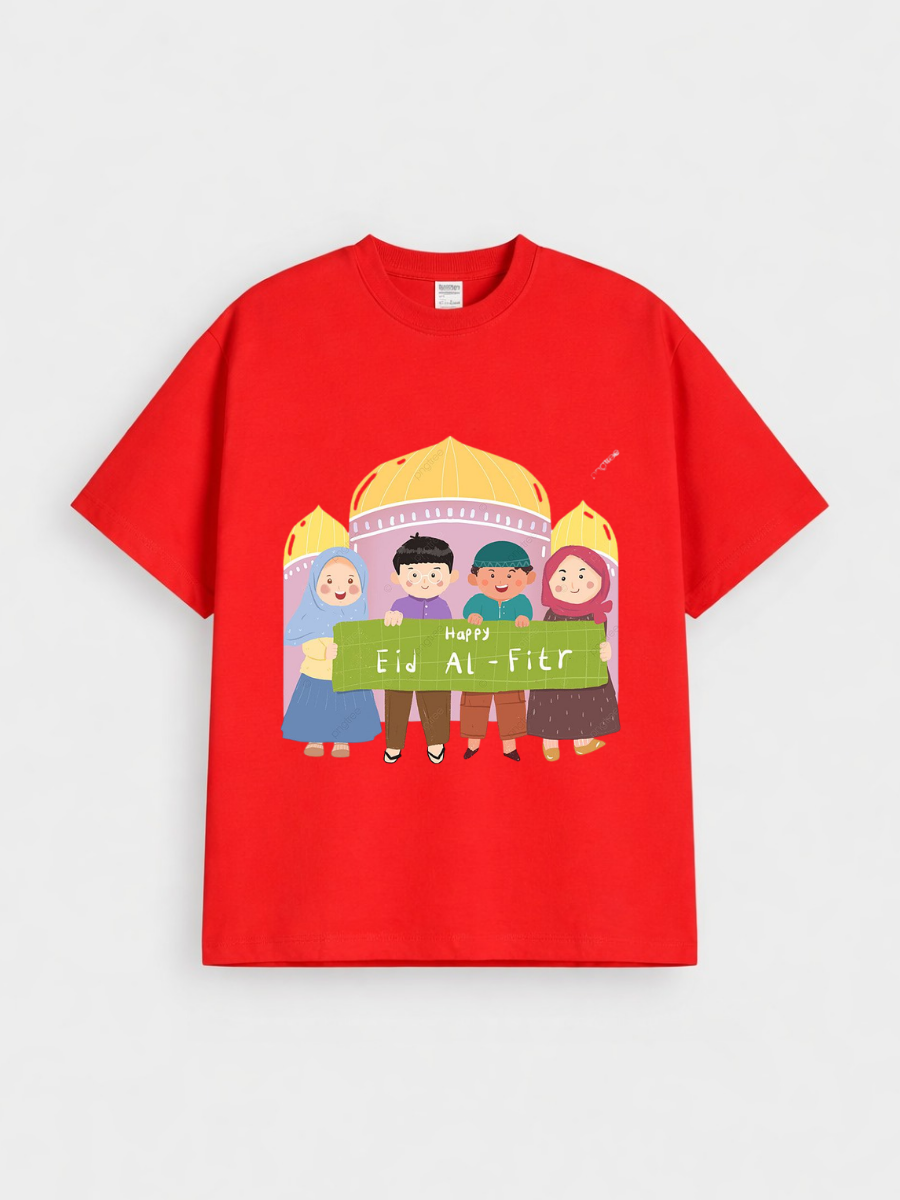 Boys & Girls Happy Eid Al-Fitr Kids Mosque Graphic Down Shoulder T-shirt for Eid Al-Fitr Celebration