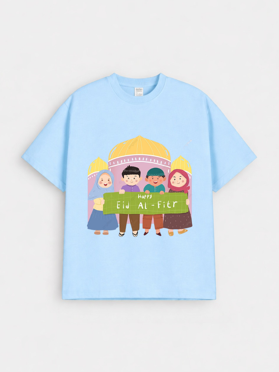 Boys & Girls Happy Eid Al-Fitr Kids Mosque Graphic Down Shoulder T-shirt for Eid Al-Fitr Celebration