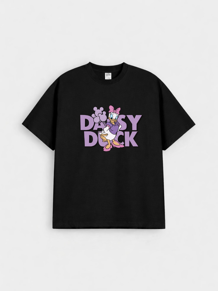 Girls Cartoon Duck Black Down Shoulder T-shirt