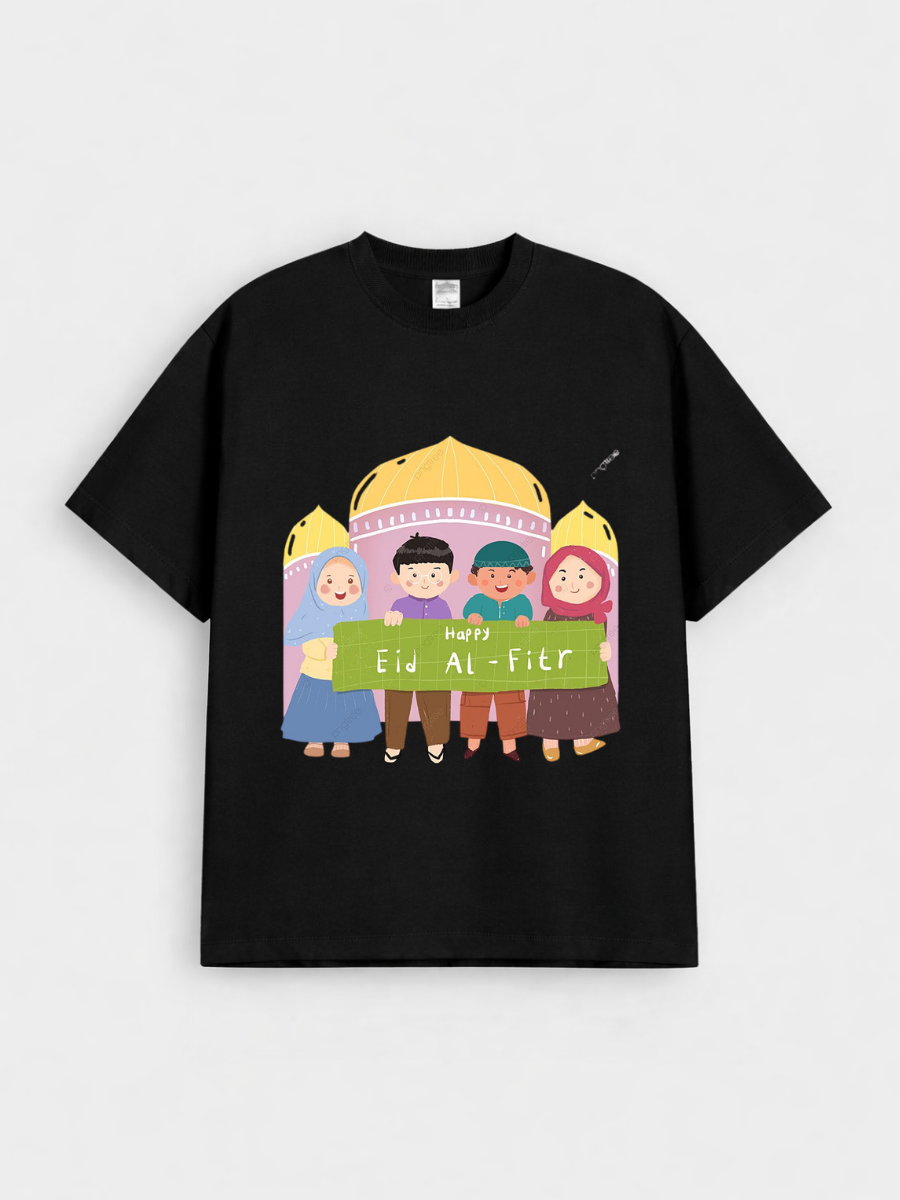 Boys & Girls Happy Eid Al-Fitr Kids Mosque Graphic Down Shoulder T-shirt for Eid Al-Fitr Celebration