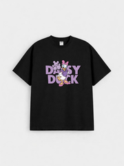 Girls Cartoon Duck Black Down Shoulder T-shirt
