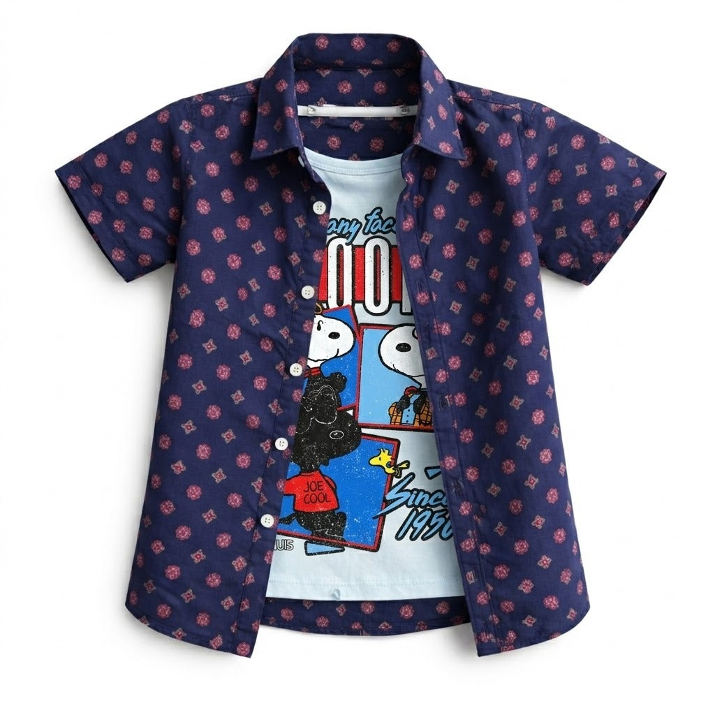 Boys Navy Printed Geometric Design Double Casual Shirt