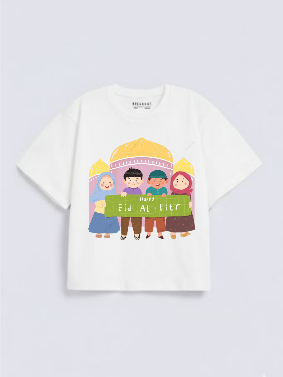 Boys & Girls Happy Eid Al-Fitr Kids Mosque Graphic Down Shoulder T-shirt for Eid Al-Fitr Celebration