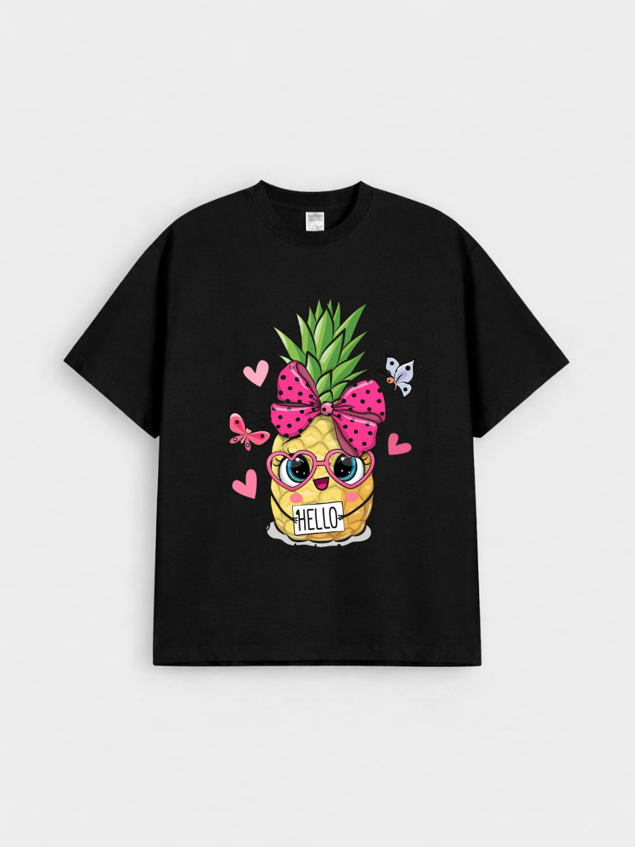 Girls Cute Pineapple Black Down ShoulderT-shirt