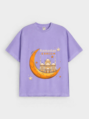 Boys Ramadan Kareem Crescent Mosque Graphic Down Shoulder T-shirt for Ramadan Celebration