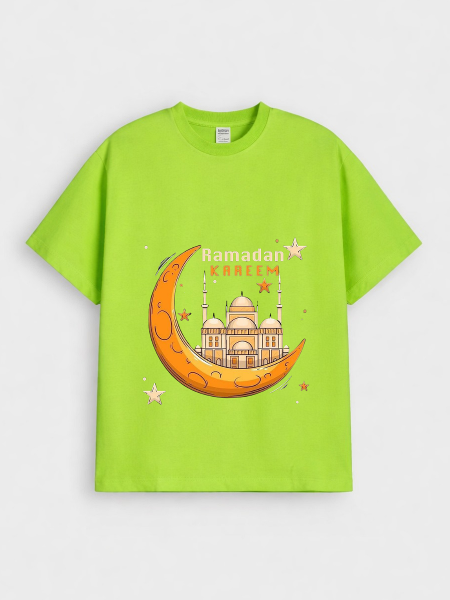 Boys Ramadan Kareem Crescent Mosque Graphic Down Shoulder T-shirt for Ramadan Celebration