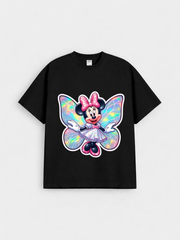 Girls Cartoon Fairy Black Down Shoulder T-shirt