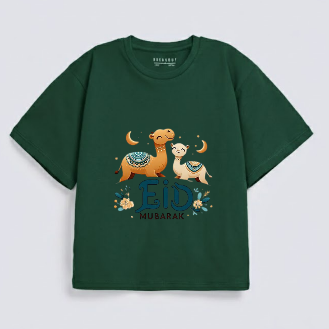 "Eid Mubarak" Cute Camels & Crescent Moon Graphic Drop-Shoulder T-Shirt (Eid Edit)