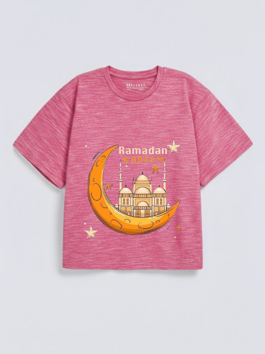 Boys Ramadan Kareem Crescent Mosque Graphic Down Shoulder T-shirt for Ramadan Celebration