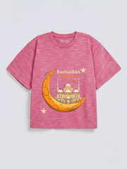 Boys Ramadan Kareem Crescent Mosque Graphic Down Shoulder T-shirt for Ramadan Celebration