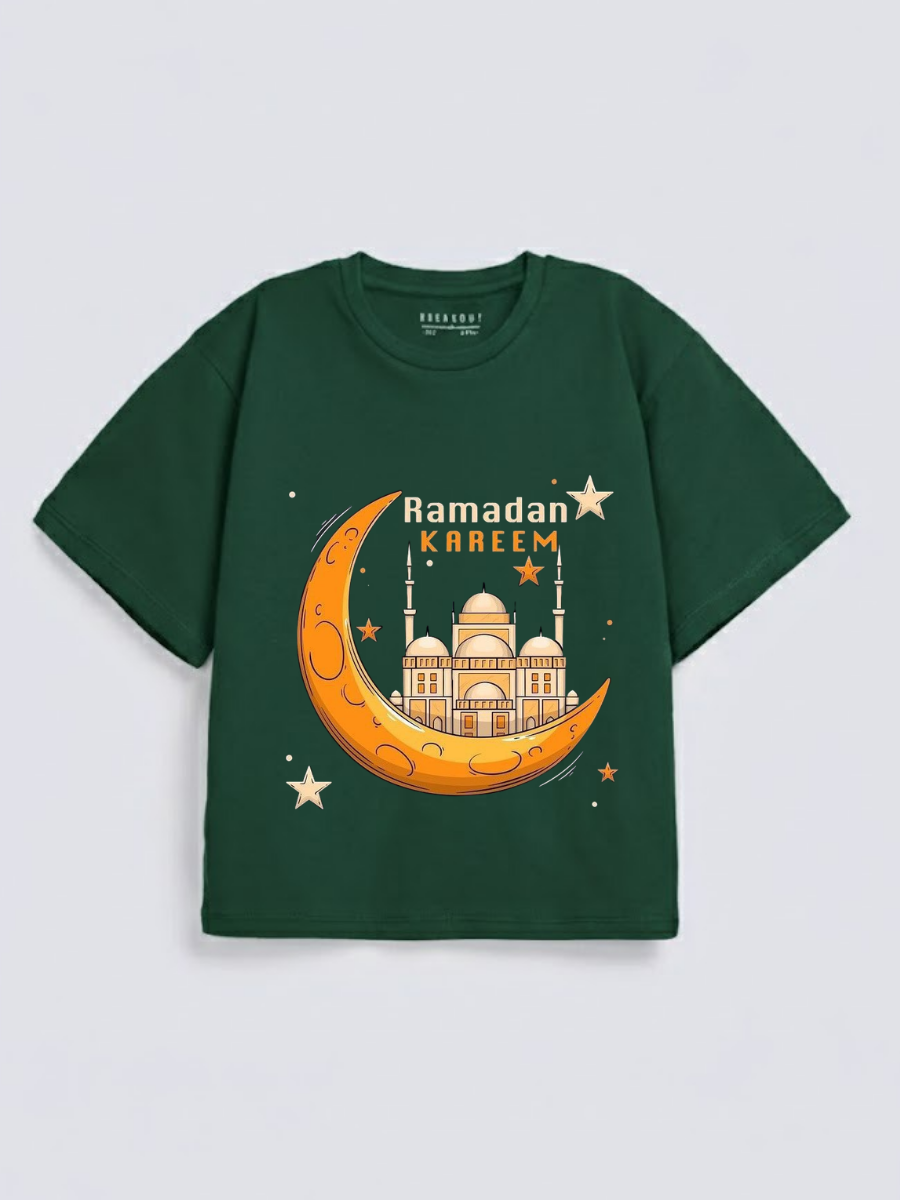 Boys Ramadan Kareem Crescent Mosque Graphic Down Shoulder T-shirt for Ramadan Celebration