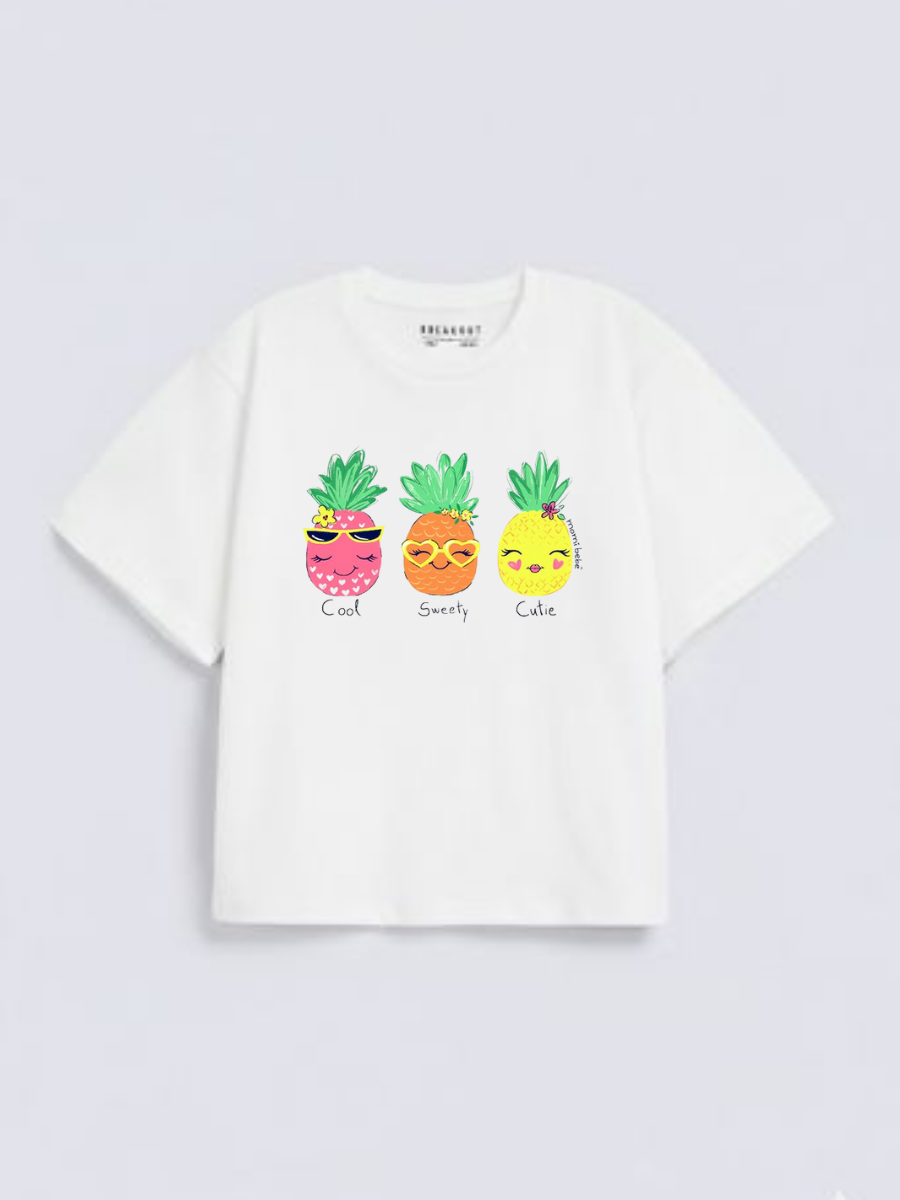Girls Cute Pineapple Print White Down Shoulder T-shirt