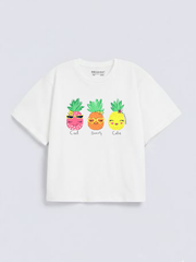 Girls Cute Pineapple Print White Down Shoulder T-shirt