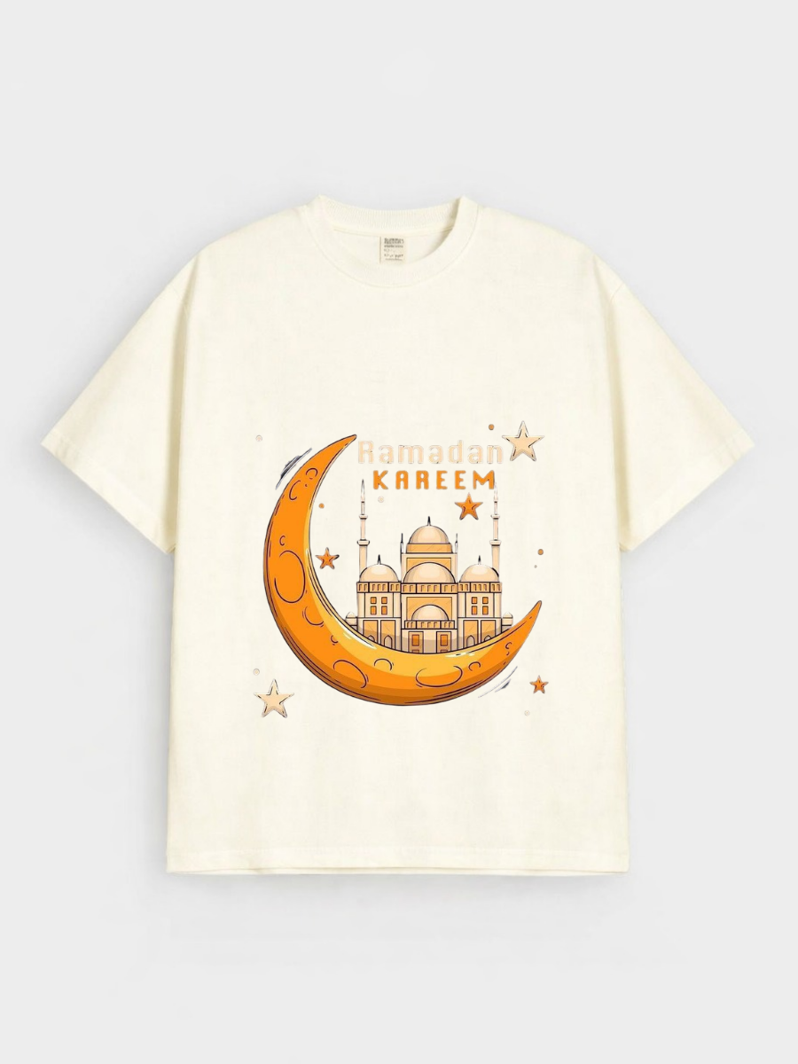 Boys Ramadan Kareem Crescent Mosque Graphic Down Shoulder T-shirt for Ramadan Celebration