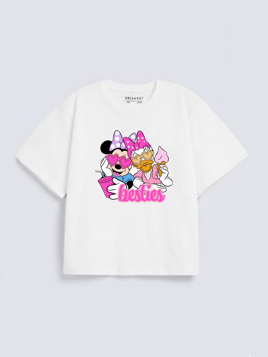 Girls Cartoon Besties White Down Shoulder T-shirt