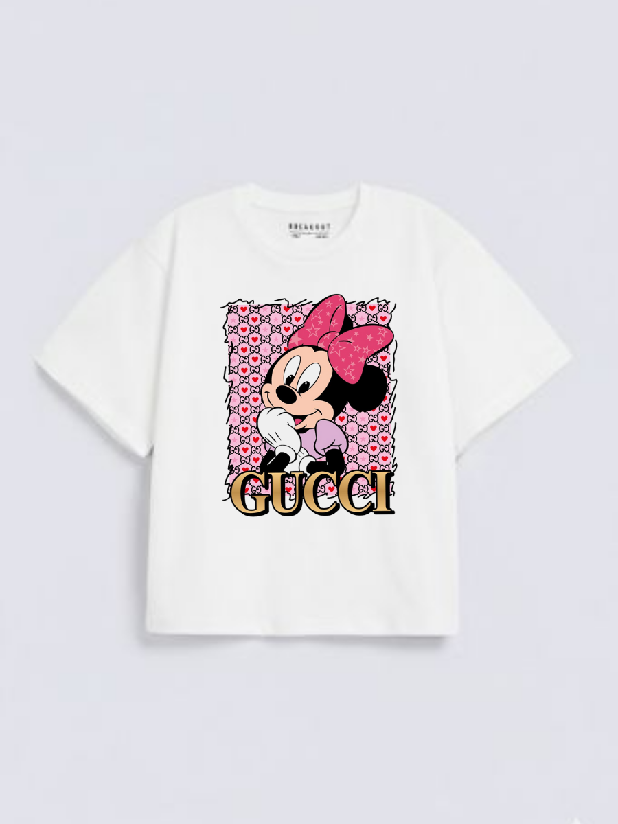 Girls Cartoon Fashion Print White Down Shoulder T-shirt