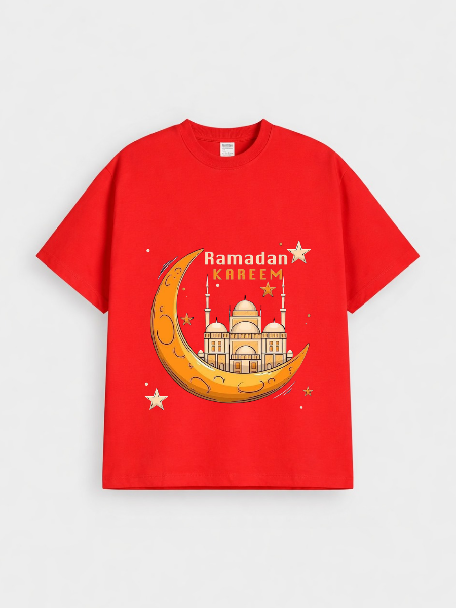 Boys Ramadan Kareem Crescent Mosque Graphic Down Shoulder T-shirt for Ramadan Celebration