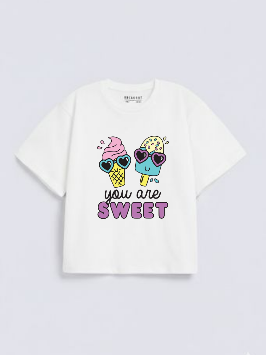 Girls Cute Ice Cream White Down Shoulder T-shirt