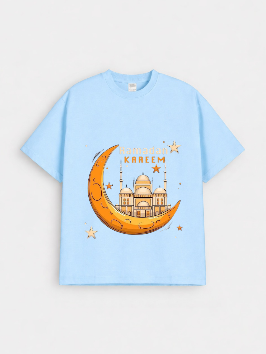 Boys Ramadan Kareem Crescent Mosque Graphic Down Shoulder T-shirt for Ramadan Celebration