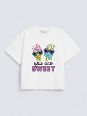 Girls Cute Ice Cream White Down Shoulder T-shirt