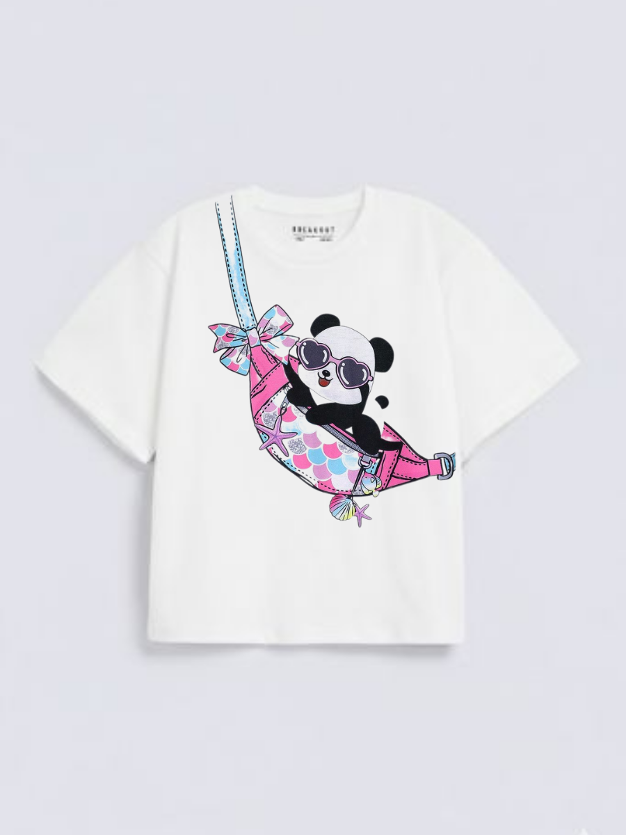Girls Cute Panda Print White Down Shoulder T-shirt