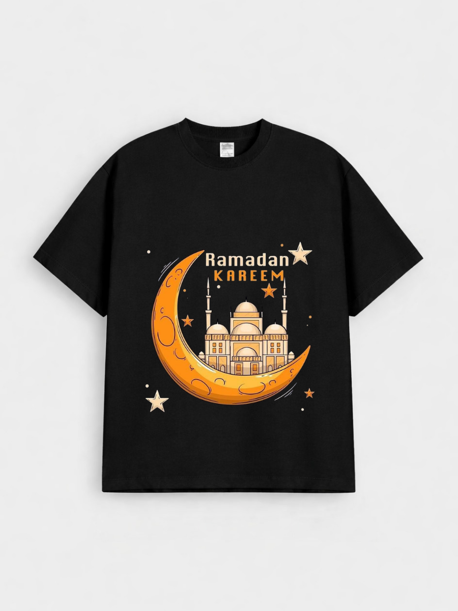 Boys Ramadan Kareem Crescent Mosque Graphic Down Shoulder T-shirt for Ramadan Celebration