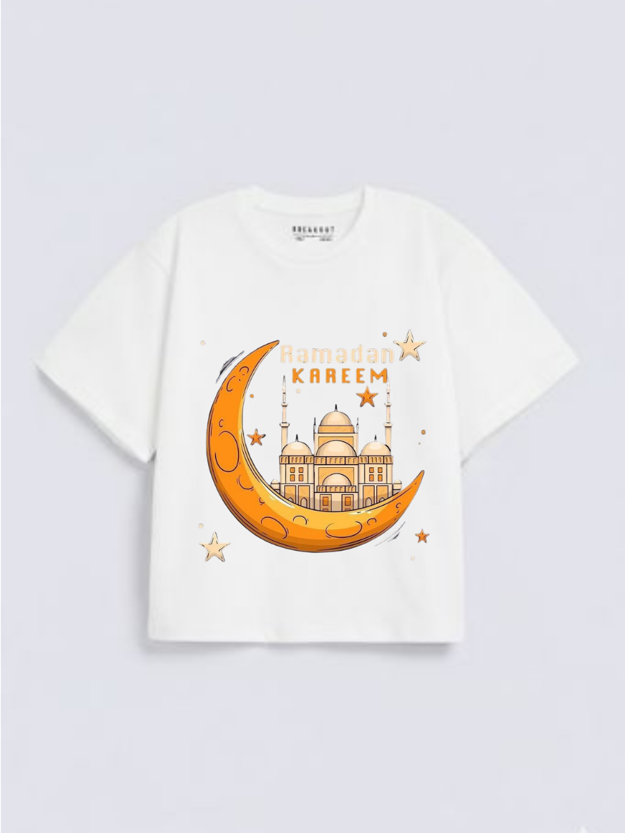 Boys Ramadan Kareem Crescent Mosque Graphic Down Shoulder T-shirt for Ramadan Celebration