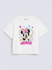 Girls Cartoon Minnie Print White Down Shoulder T-shirt