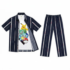 Boys Navy Blue Striped Cartoon Printed Casual Tracksuit (Summer)