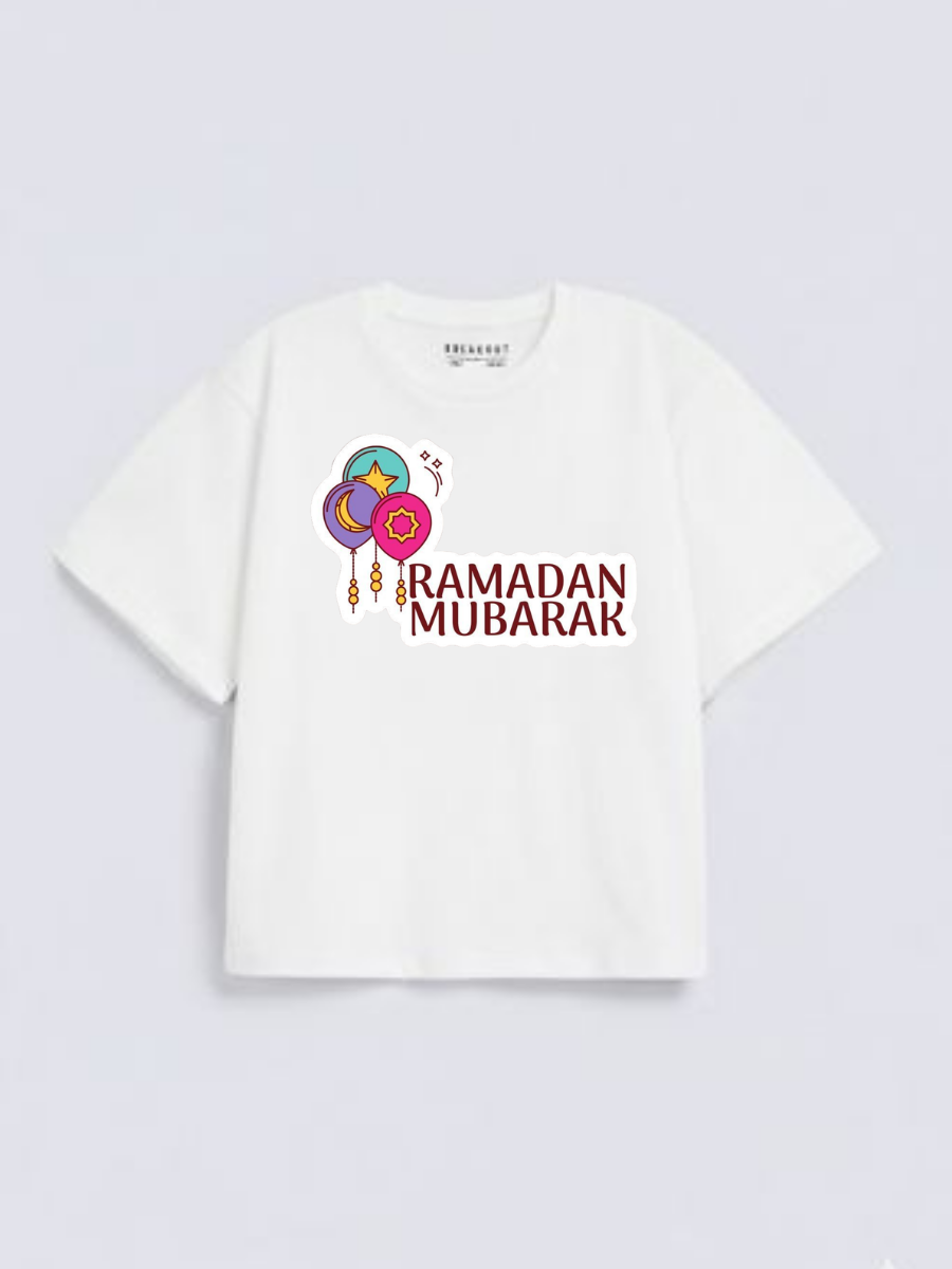 Girls Ramadan Mubarak Lantern Graphic Down Shoulder T-shirt for Ramadan Celebration