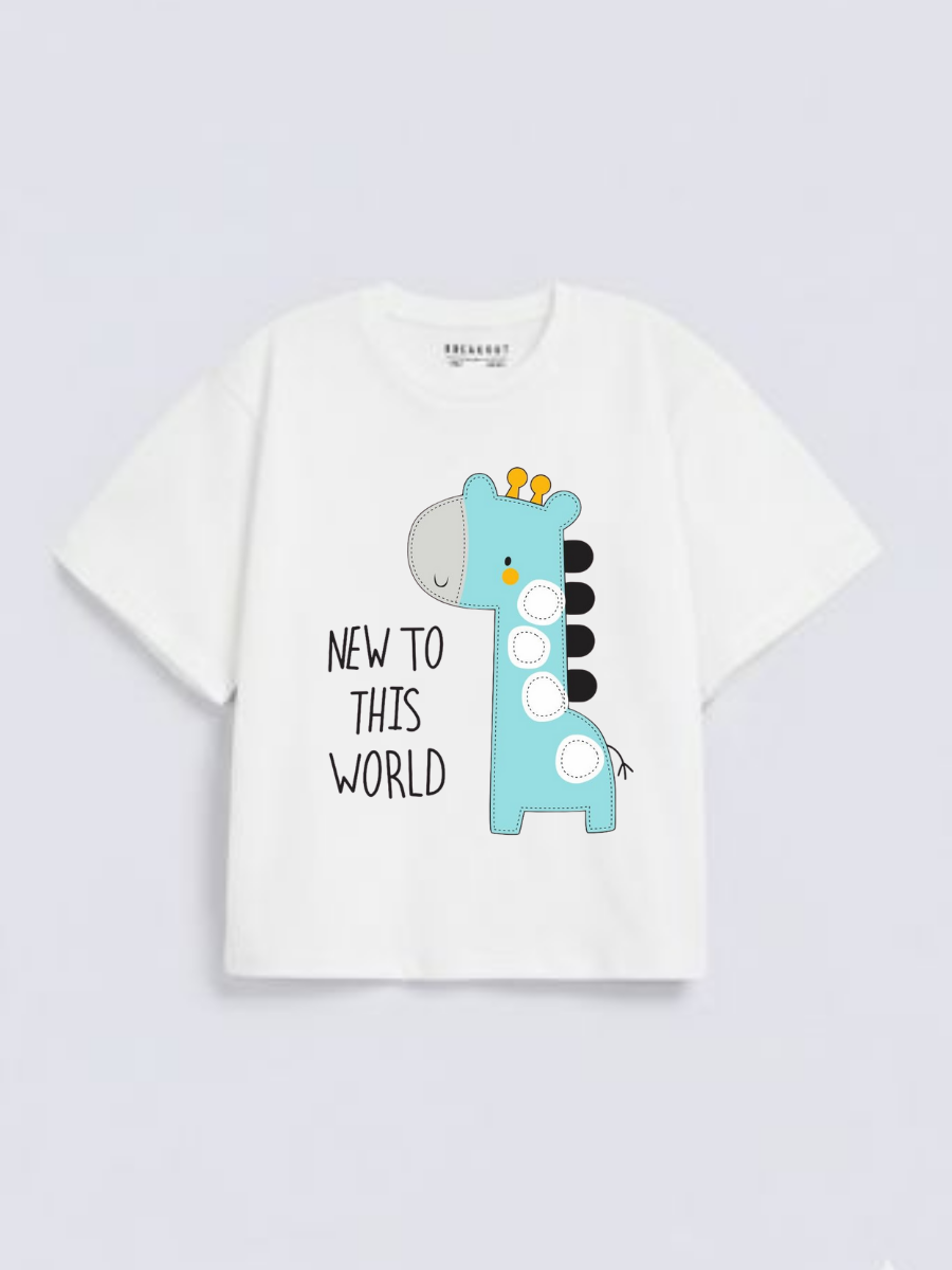 Boys Cute Giraffe Print White Down Shoulder T-shirt