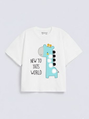Boys Cute Giraffe Print White Down Shoulder T-shirt
