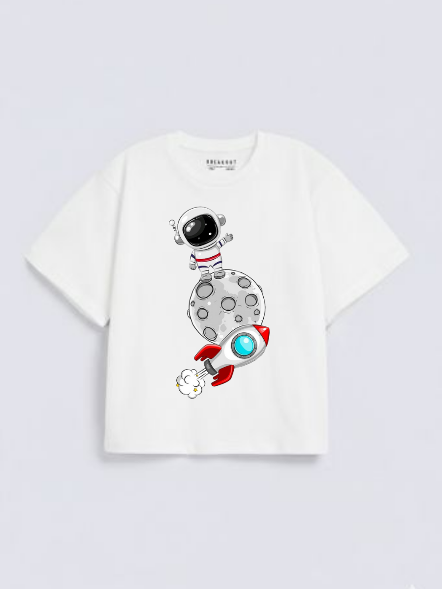 Boys Astronaut Rocket Print White Down Shoulder T-shirt