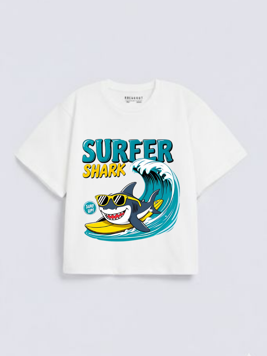Boys Surfer Shark Print White Down Shoulder T-shirt