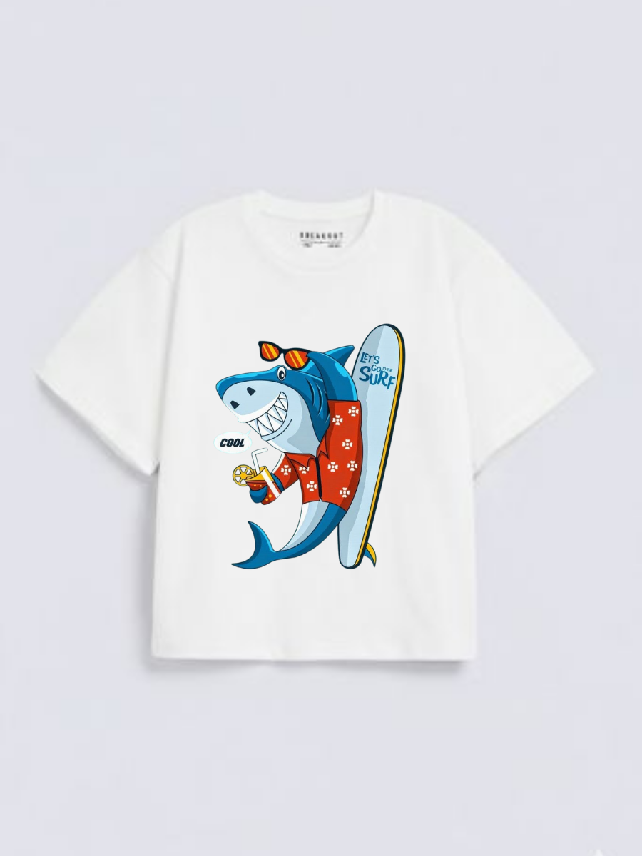 Boys Cool Surfing Shark Print White Down Shoulder T-shirt