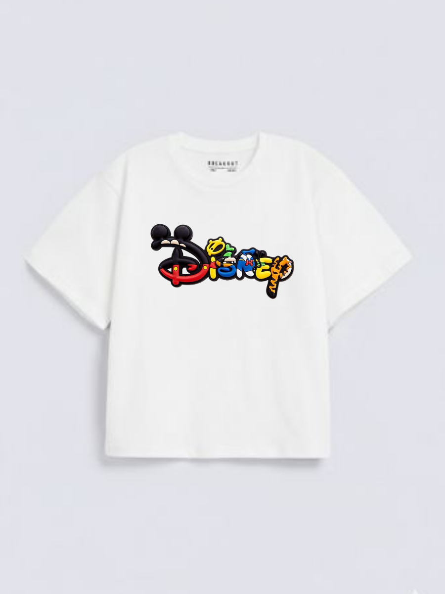 Boys Disney Logo Print White Down Shoulder T-shirt