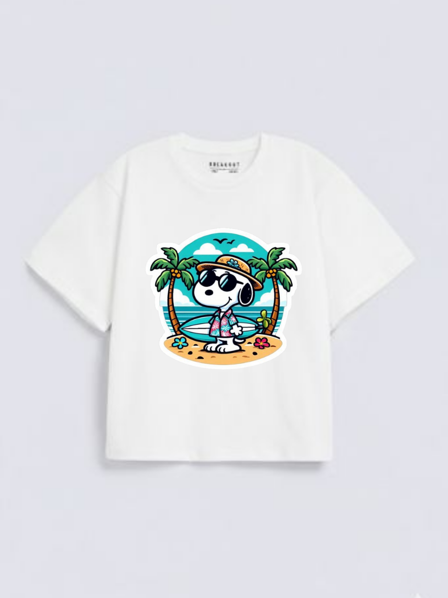 Boys Snoopy Beach Surf Print White  Down Shoulder T-shirt