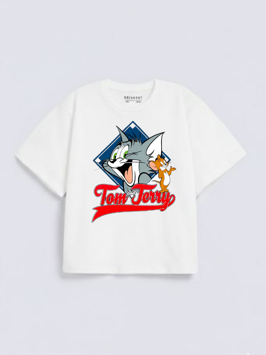Boys Tom and Jerry Cartoon Print White  Down Shoulder  T-shirt