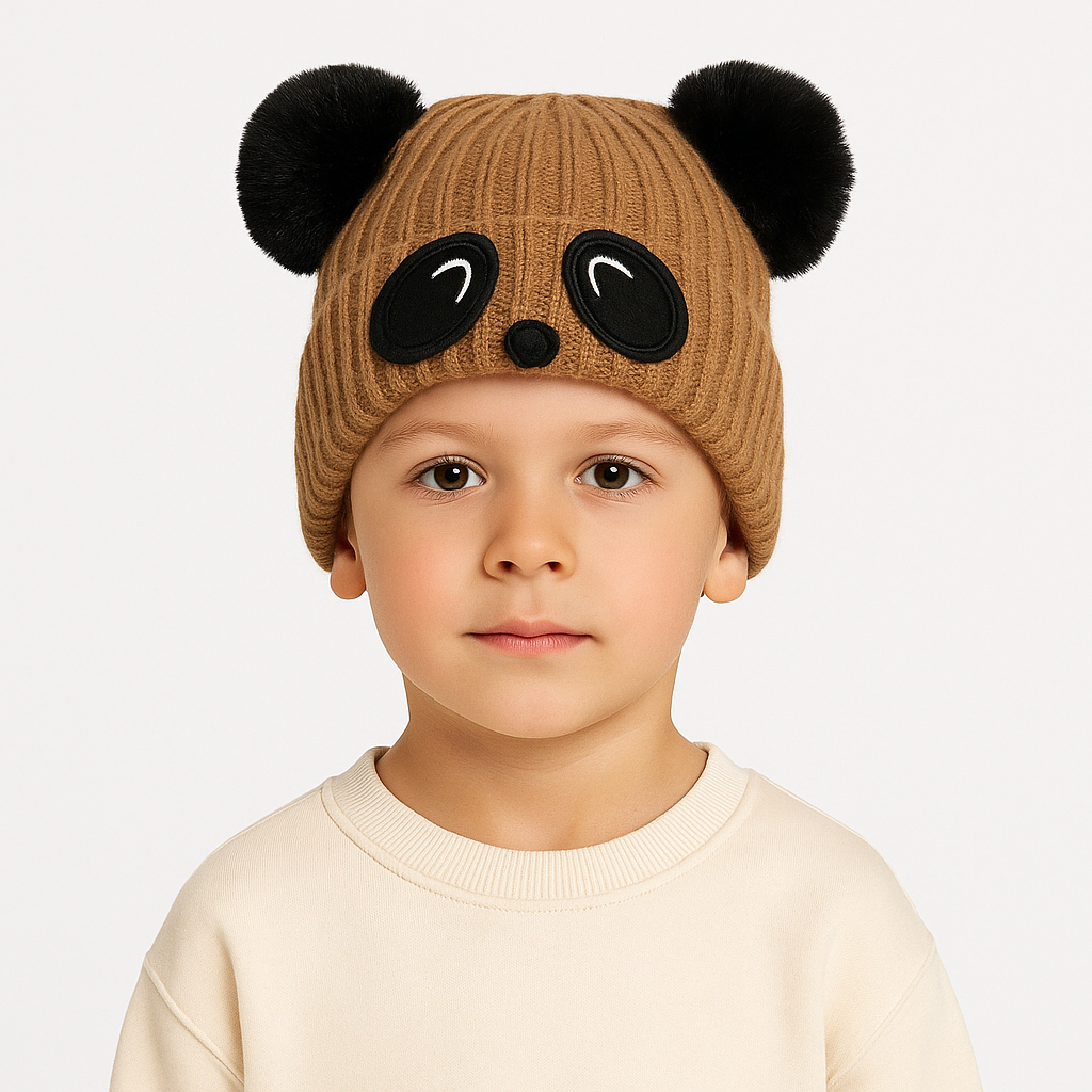 Brown panda pompon cap
