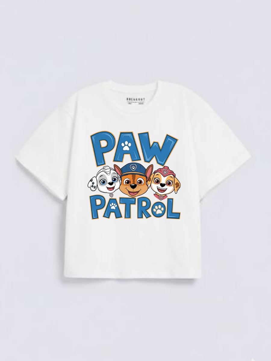 Boys Paw Patrol Cartoon Print White  Down Shoulder T-shirt