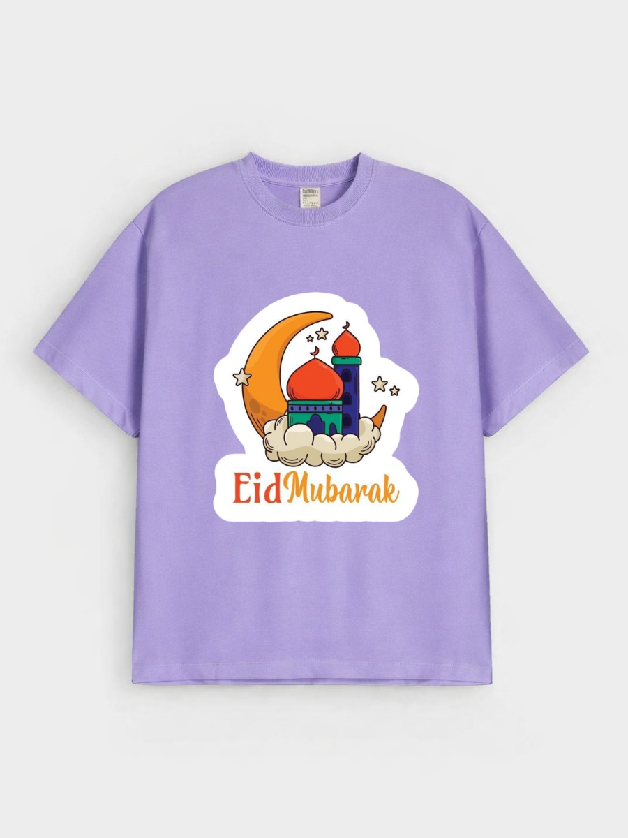 Girls Eid Mubarak Moon Mosque Graphic Down Shoulder T-shirt for Eid Celebration