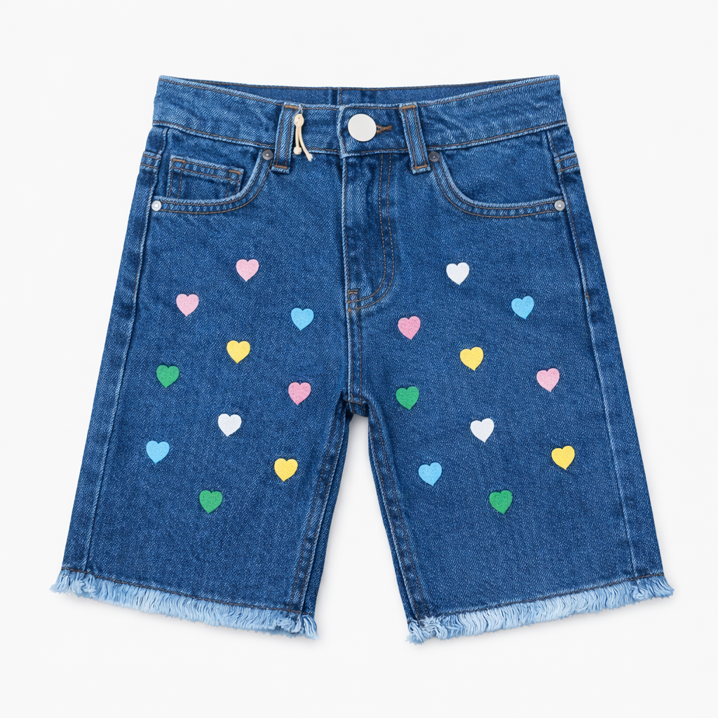 Girls Multi-Color Heart Embroidered Denim Shorts