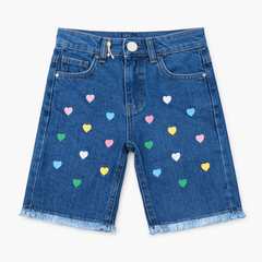 Girls Multi-Color Heart Embroidered Denim Shorts