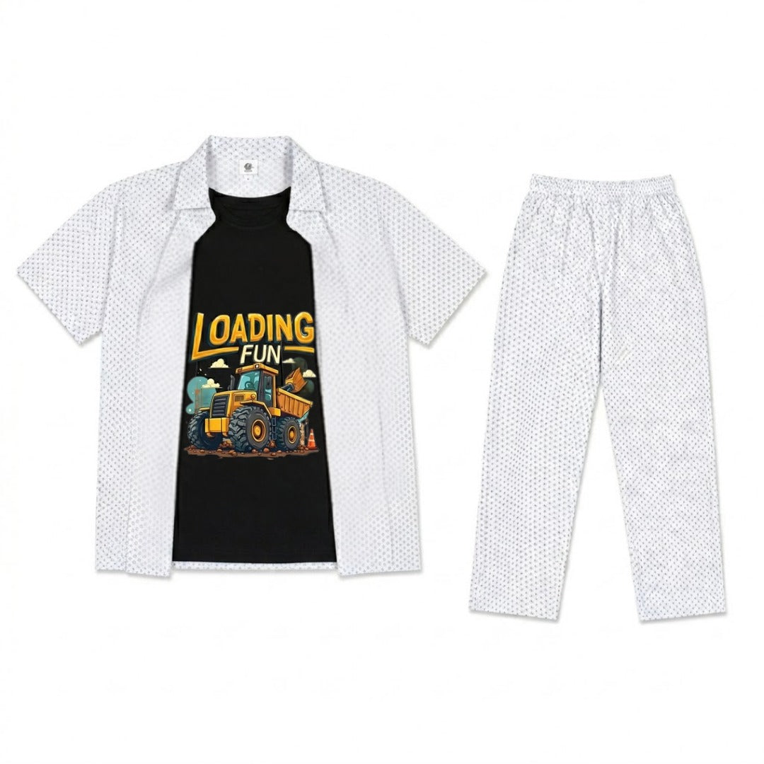 Boys White & Black Printed Loader Truck Cartoon Casual Tracksuit (Summer)