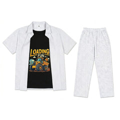 Boys White & Black Printed Loader Truck Cartoon Casual Tracksuit (Summer)