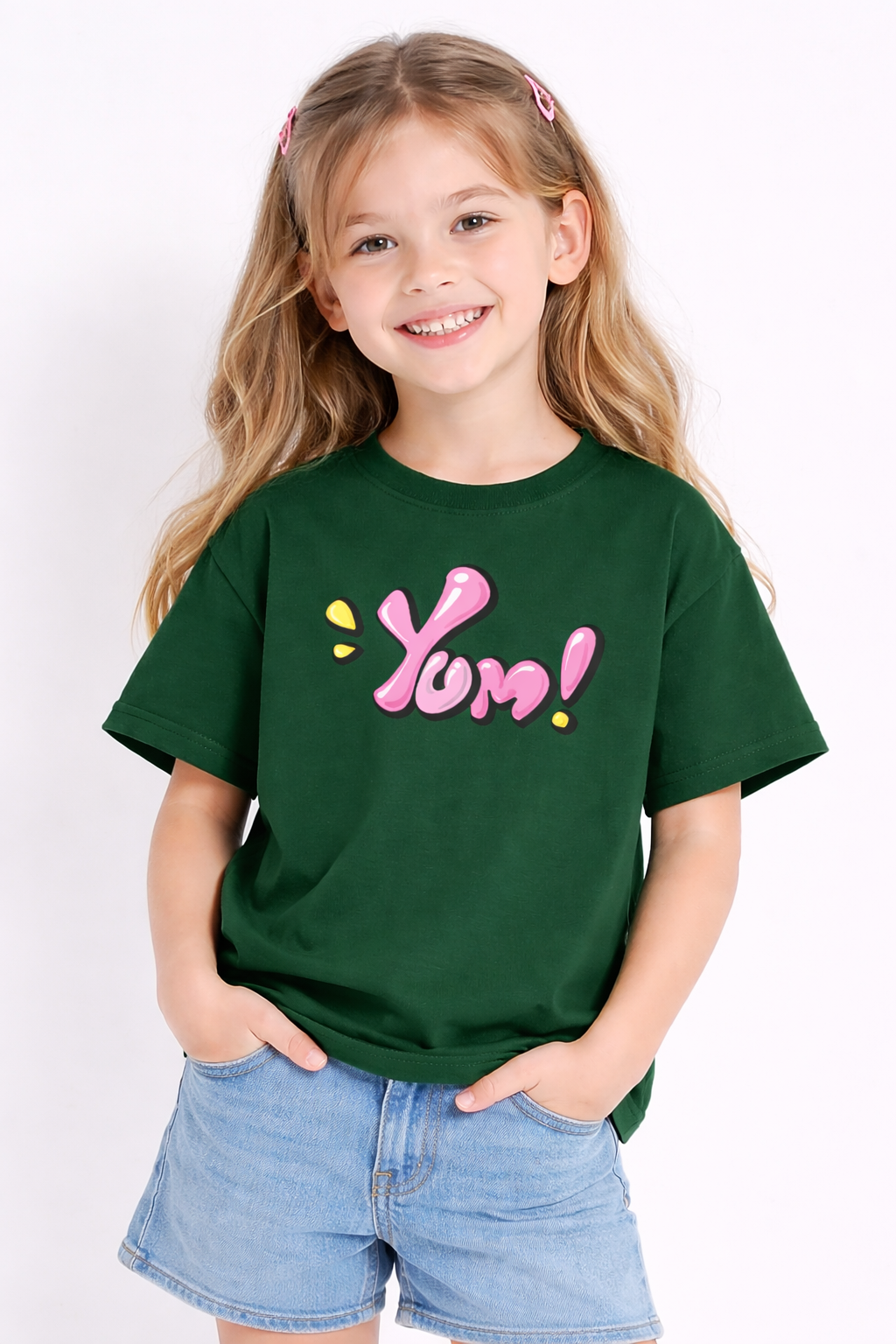 Girls Yom Text Print Green Down Shoulder T-shirt
