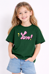 Girls Yom Text Print Green Down Shoulder T-shirt