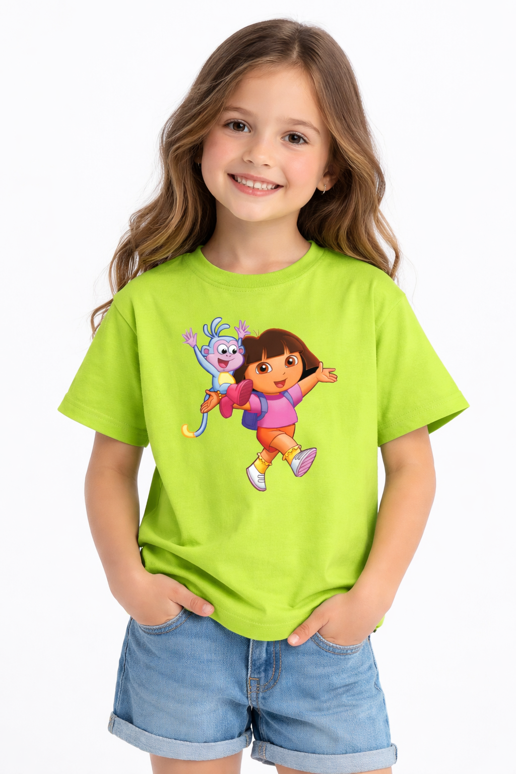 Girls Cartoon Dora and Boots Print Green Down Shoulder T-shirt