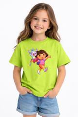 Girls Cartoon Dora and Boots Print Green Down Shoulder T-shirt