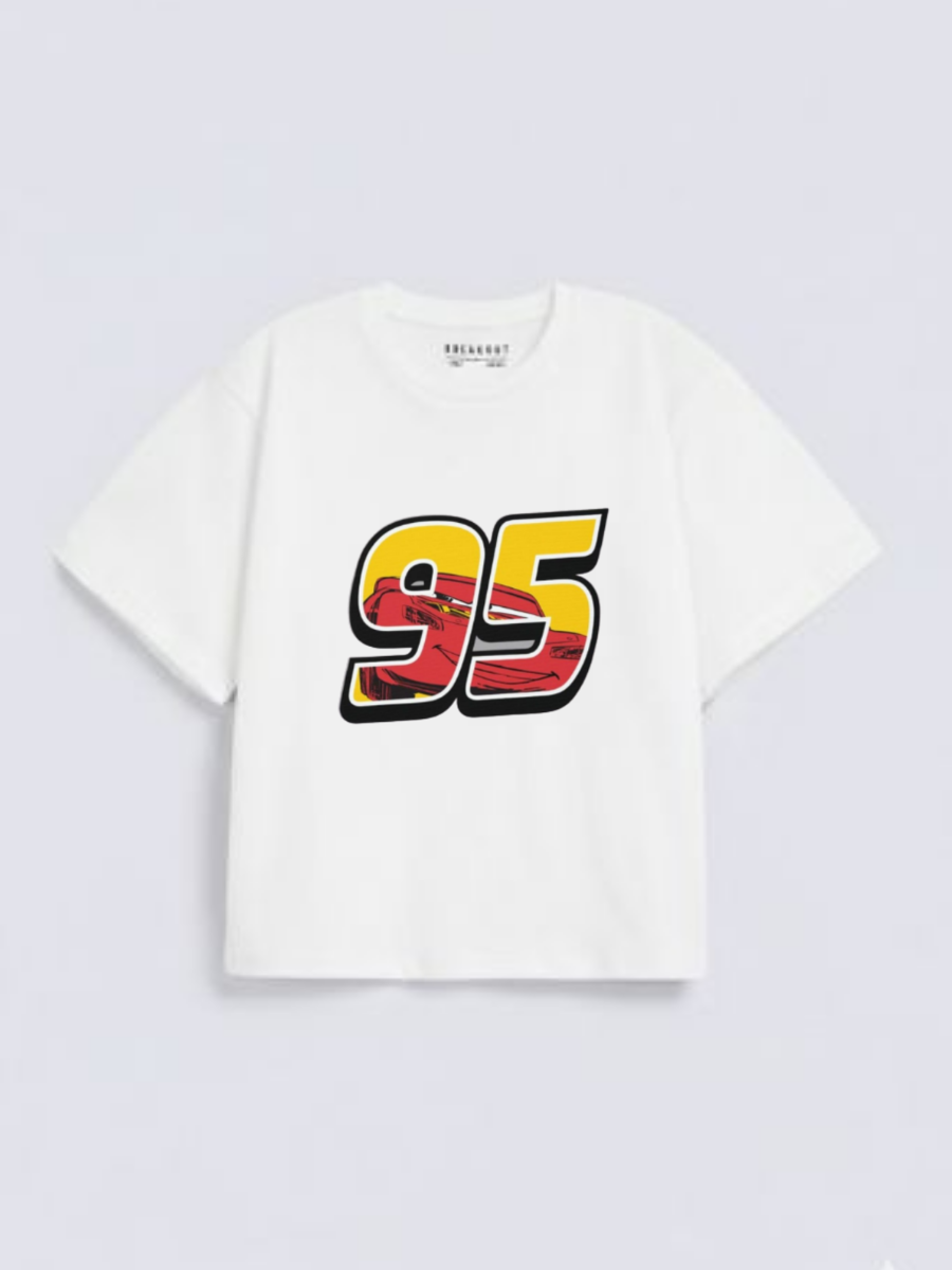 Boys Racing 95 Print White Down Shoulder Down Shoulder T-shirt